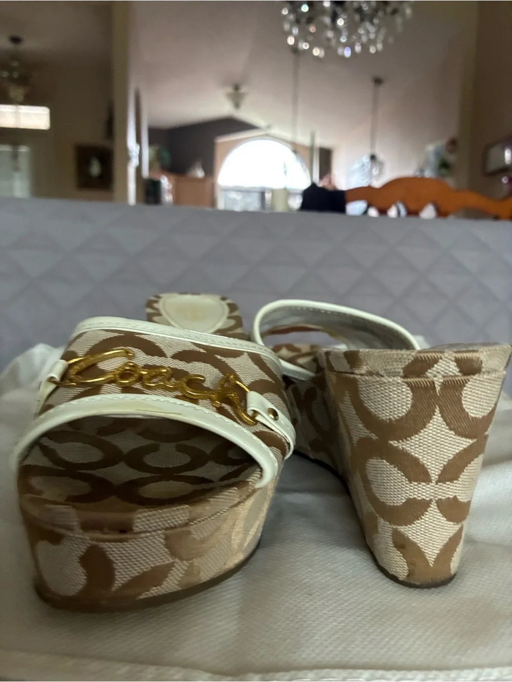Coach Beige & Cream Signature Logo Wedge Slides